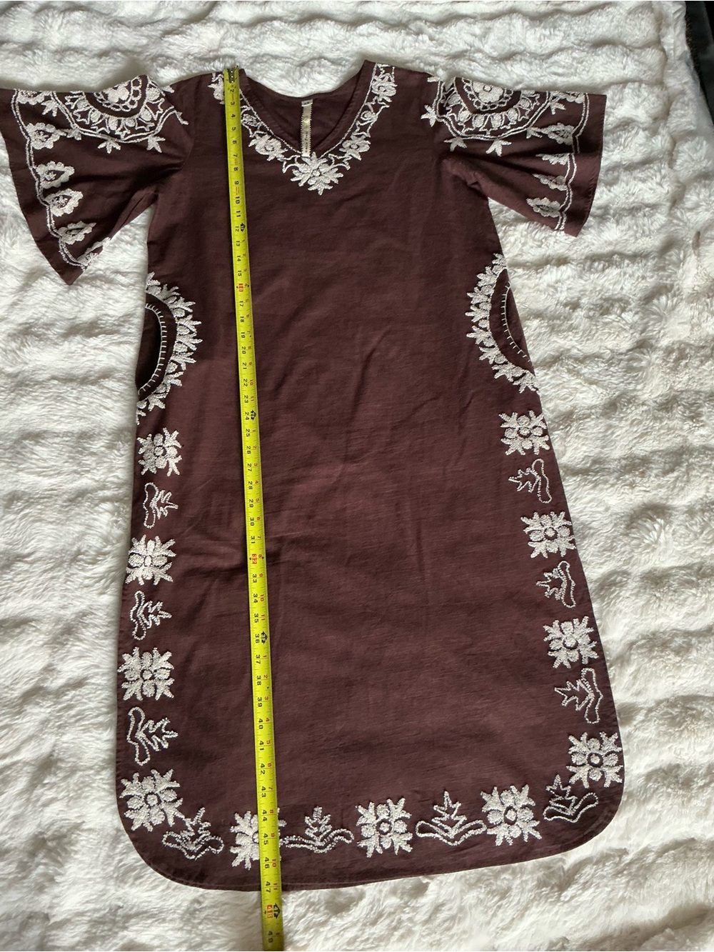 Uncle Frank Embroidered Boho Midi Dress Size M Brown Floral Pockets Side Slits - Picture 3 of 10